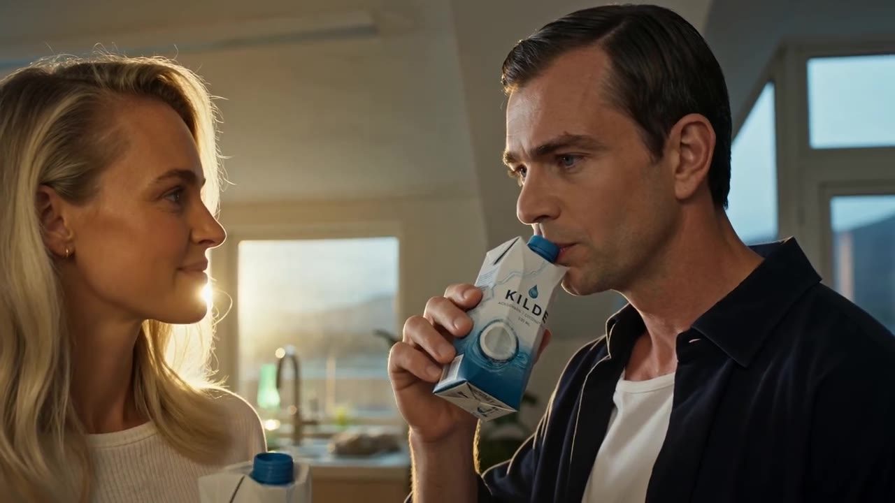 A couple in a warm Nordic kitchen — he tastes a KILDE coconut-water carton while she smiles